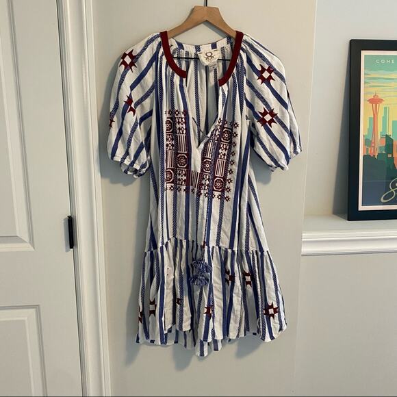 FIGUE Red White Blue Embroidered Puff Sleeve Mini Dress Medium M - Picture 4 of 14